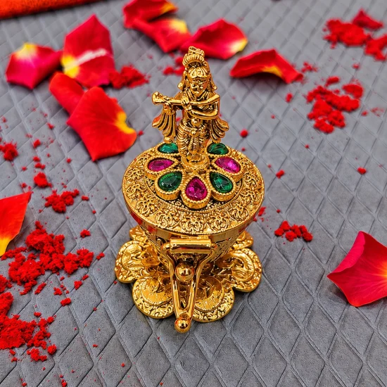 Gold Finish Krishna Brass Kumkum Box