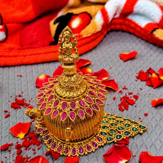 Peacock Design Gold Finish Brass Kumkum Box